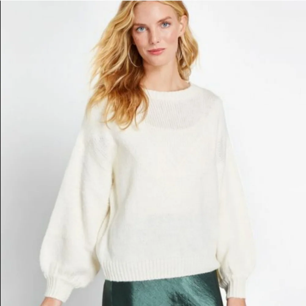 Modcloth Just My Stripe Pullover Crewneck Ivory Bishop Sleeve Ribbed Sweater XL